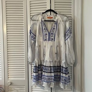 Oliphant Balloon Sleeve Mini Dress - Blue and White